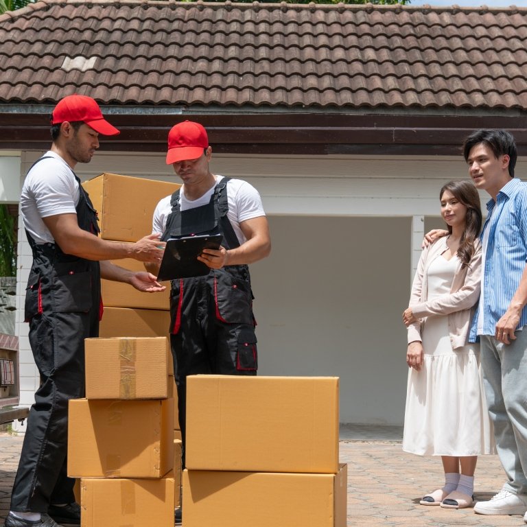 Khorasan GmbH - Zwei Umzugshelfer helfen einem jungen Paar beim Umzug
